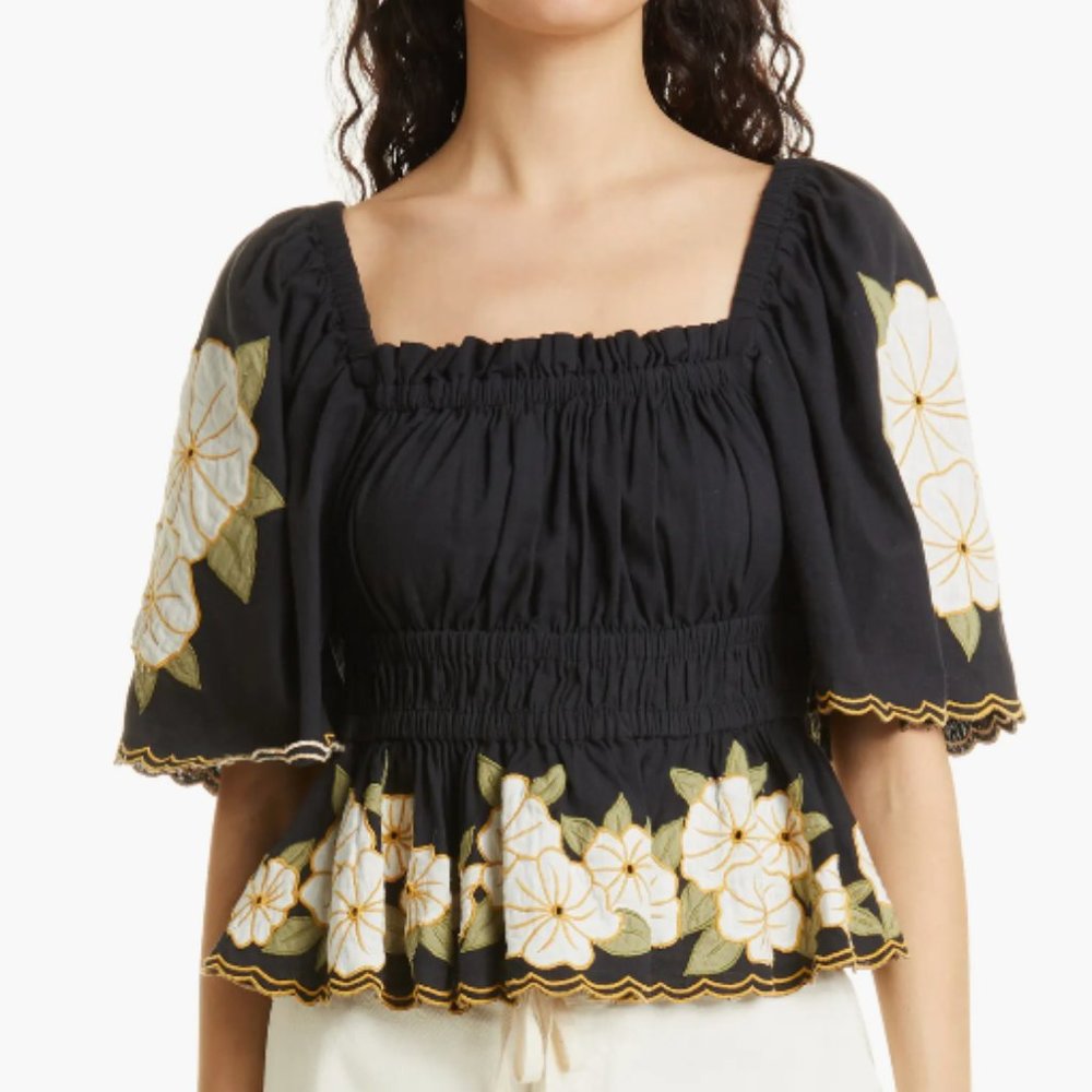The Wanderlust Smocked Top - Black Hawaiian Floral Applique  size 2 = m